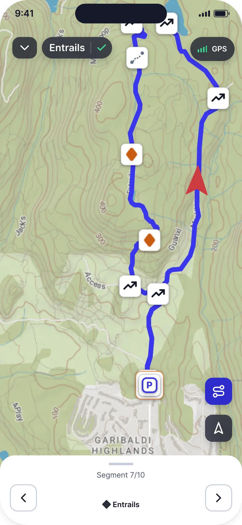 The Quest app navigating the Entrails route offline: topo map with the tracked line, segment waypoints, GPS indicator, and a Segment 7 of 10 control at the bottom.