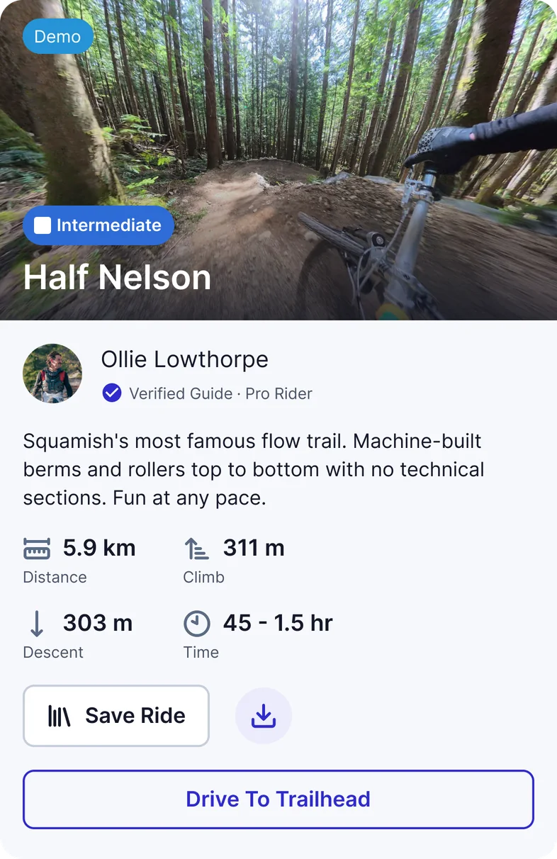 The Quest app showing the Half Nelson route page: POV still, Ollie’s notes, and stats — 5.9 km, 311 m climb, 303 m descent, 45 minutes to 1.5 hours.