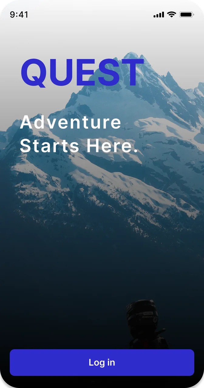 The Quest app splash screen: the Quest wordmark and “Adventure Starts Here.” over a snowbound Squamish peak, with a Log in button.